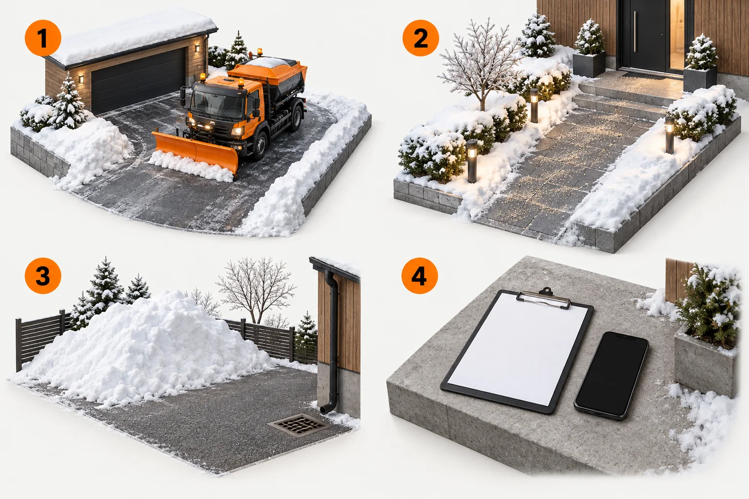 3D-gårdsplass med kjørevei, gangvei, snøopplag og avtalelogging.