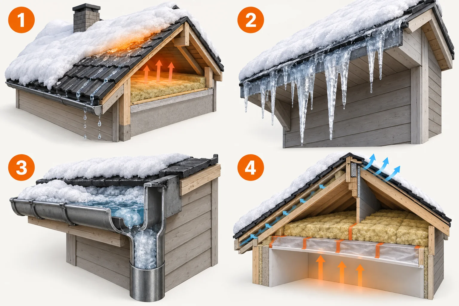 3D-prinsippskisse: snø som smelter, kald takfot, blokkert vannvei, undersøk årsaken.