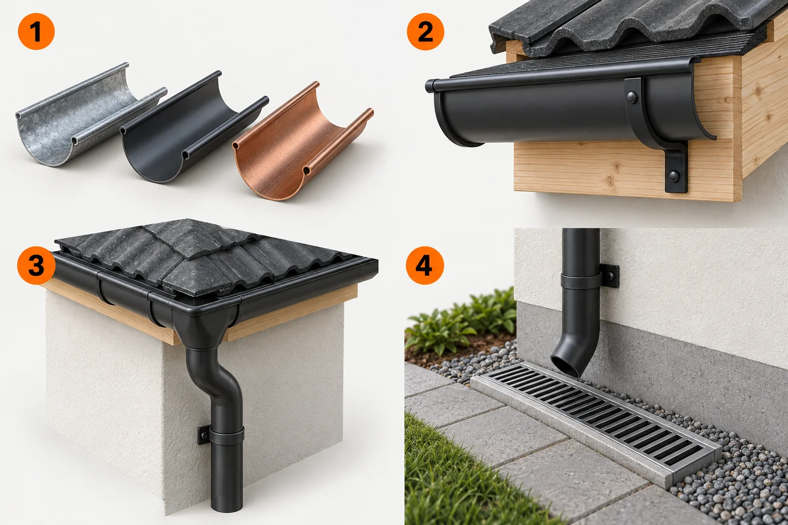 Takrenne, rennekroker, nedløp og videre avledning som separate 3D-detaljer.