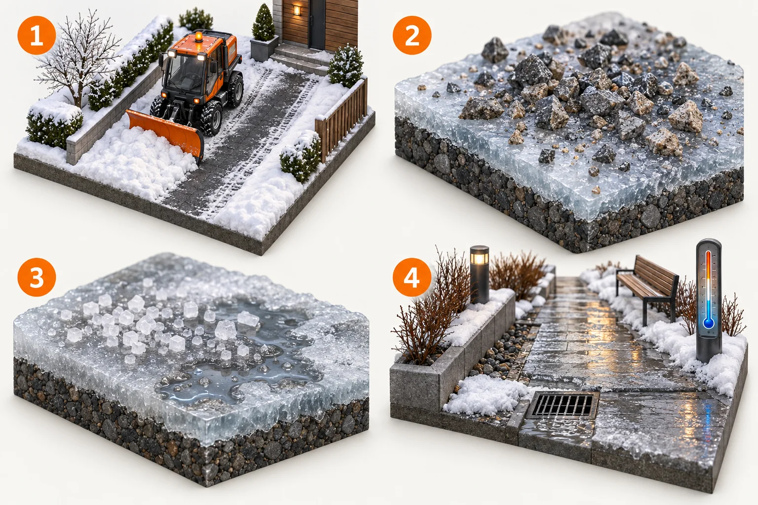 3D-prinsippskisse: fjern løs snø først, friksjon på is, smelting med salt, kontroll etter værskifte.
