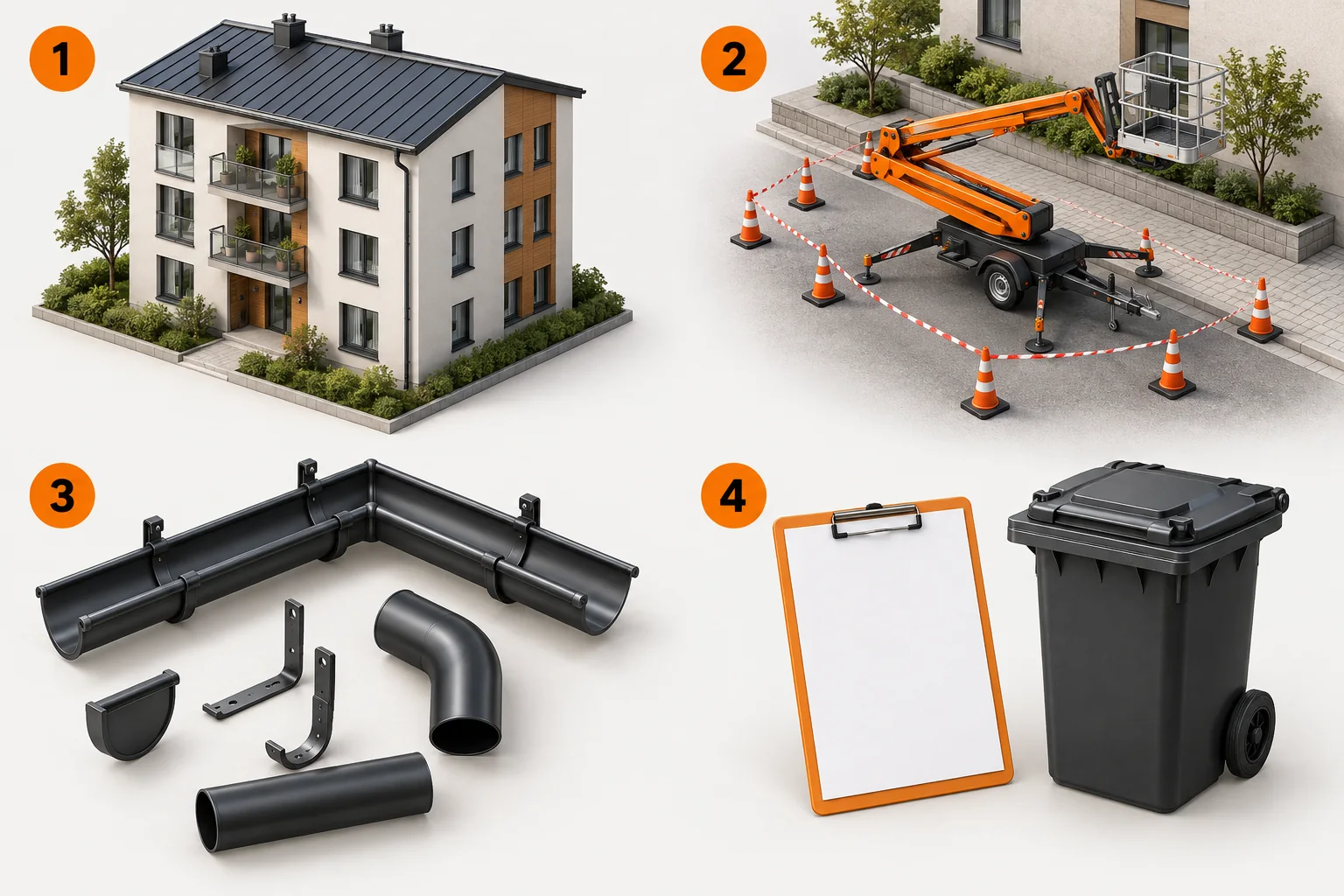 3D-modeller av høy bygård, tilkomst med lift, rennekomponenter og arbeidsrapport.