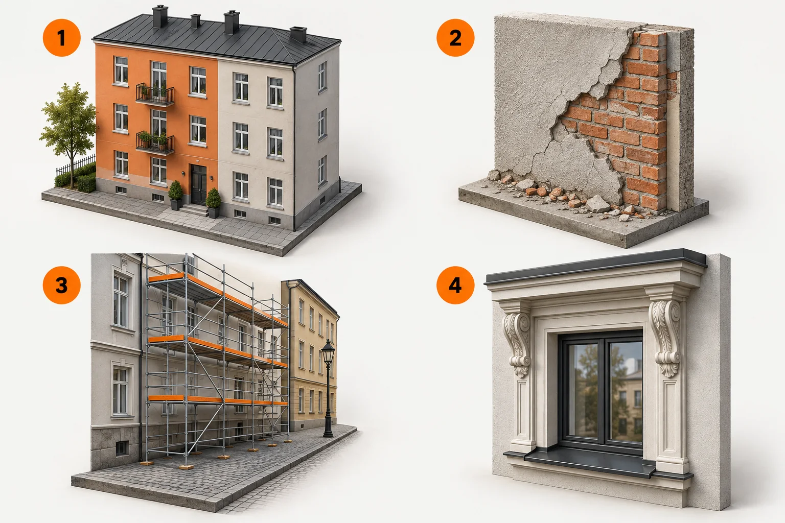 3D-fasadeflate, skader, stillas og detaljarbeid som prisdrivere.