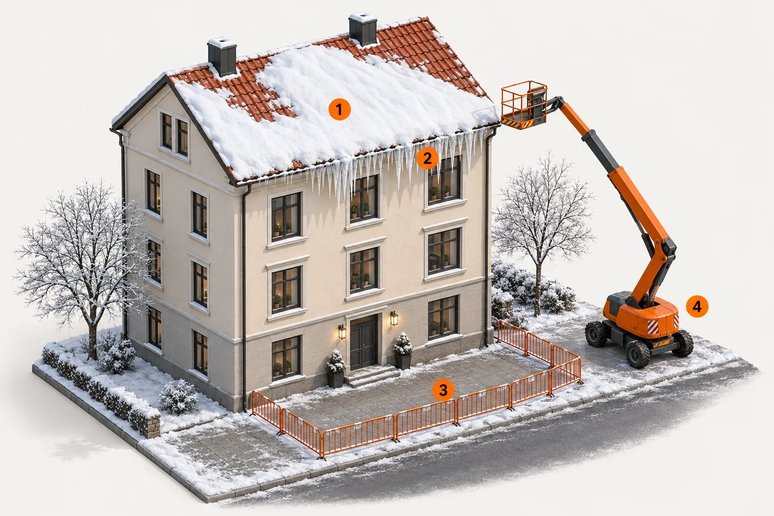 3D-prinsippskisse av et snødekket tak med istapper ved takfoten, avsperret område nedenfor og lift ved siden av bygningen.