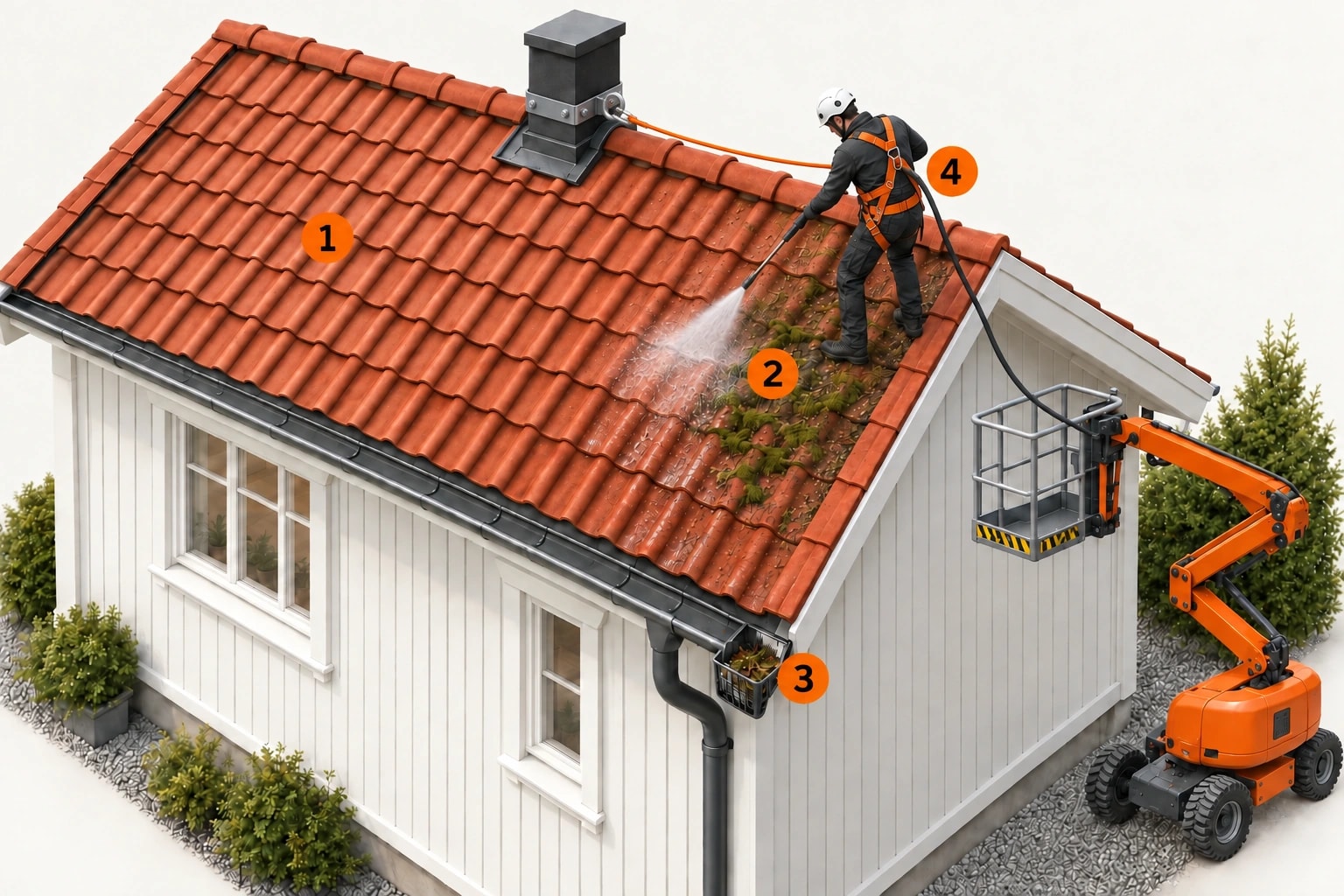 3D-illustrasjon av fagperson som vasker takstein med spylelanse og vann, iført sele og sikringsline, med oppsamling ved takrennen og lift ved gavlen.